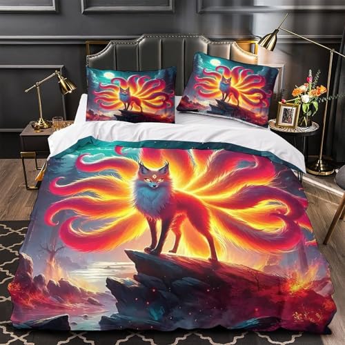 TDSNKAVHB Neun-Schwanz-Fuchs3D-Druck Bett-Set Raumdekoration Mikrofaser Mit FantasieVerstecktem Reißverschluss Und Kissenbezug Für Jungen Und MädchenSingle（140x200cm） von TDSNKAVHB