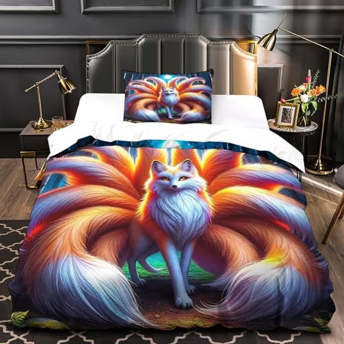 TDSNKAVHB Neun-Schwanz-Fuchs3D-Druck Bett-Set Raumdekoration Mikrofaser Mit FantasieVerstecktem Reißverschluss Und Kissenhüllen Für Teenager KinderSingle（135x200cm） von TDSNKAVHB