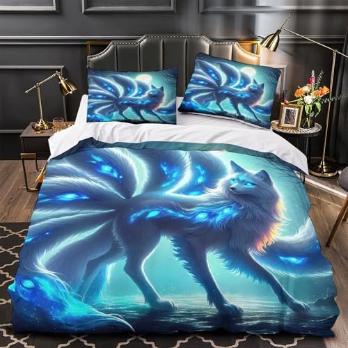 TDSNKAVHB Neun-Schwanz-Fuchs3D-Druck Bettdeckenbezug Bettwaren-Set Mikrofaser Mit FantasieVerstecktem Reißverschluss Und Kissenhüllen Für Kinder ErwachseneKing（220x240cm） von TDSNKAVHB