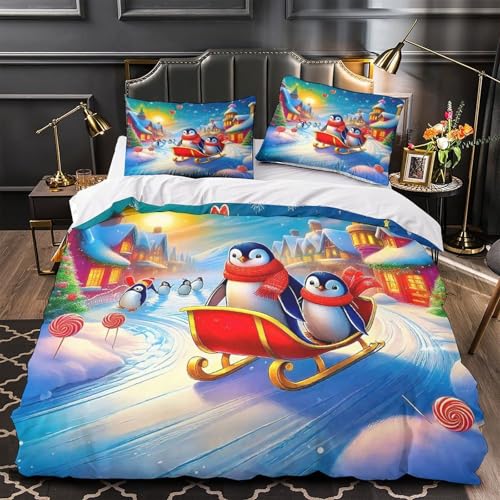 TDSNKAVHB Pinguin3D-Druck Bett-Set Raumdekoration Weiche Mikrofaser SkifahrenVerstecktem Reißverschluss Und Kissenhüllen Für Jungen Und MädchenSingle（140x200cm） von TDSNKAVHB