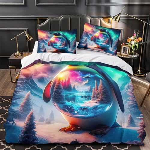TDSNKAVHB Pinguin3D-Druck Bettdeckenbezug Bettwaren-Set Weiche Mikrofaser AuroraVerstecktem Reißverschluss Und Kissenbezügen Für Teenager KinderKing（220x240cm） von TDSNKAVHB