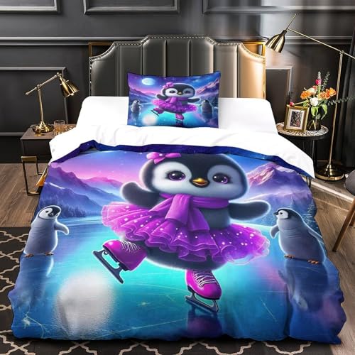 TDSNKAVHB Pinguin3D-Druck Bettdeckenbezug Bettwaren-Set Weiche Mikrofaser SkifahrenVerstecktem Reißverschluss Und Kissenbezug Für Kinder ErwachseneSingle（135x200cm） von TDSNKAVHB