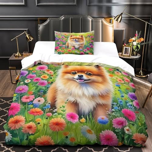 TDSNKAVHB Pommern3D-Druck Bett-Set Raumdekoration Mikrofaser Mit Nettes HaustierVerstecktem Reißverschluss Und Kissenbezügen Für Kinder ErwachseneSingle（135x200cm） von TDSNKAVHB