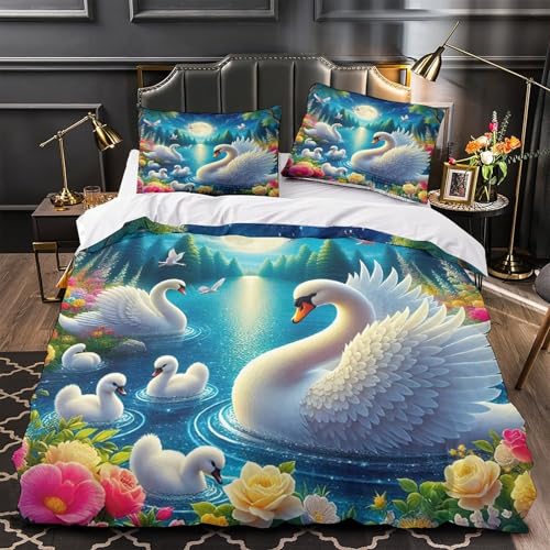 TDSNKAVHB Schwan3D-Druck Bett-Set Raumdekoration Mikrofaser Mit LandschaftVerstecktem Reißverschluss Und Kissenbezug Für Jungen Und MädchenKing（220x240cm） von TDSNKAVHB