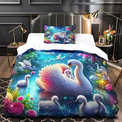 TDSNKAVHB Schwan3D-Druck Bettdeckenbezug Bettwaren-Set Weiche Mikrofaser schönVerstecktem Reißverschluss Und Kissenhüllen Für Jungen Und MädchenSingle（135x200cm） von TDSNKAVHB