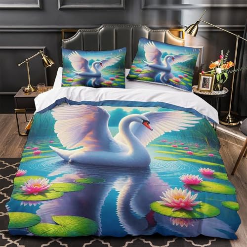 TDSNKAVHB Schwan3D-Druck Bettdeckenbezug Raumdekoration Weiche Mikrofaser LakesideVerstecktem Reißverschluss Und Kissenbezügen Für Kinder ErwachseneKing（220x240cm） von TDSNKAVHB