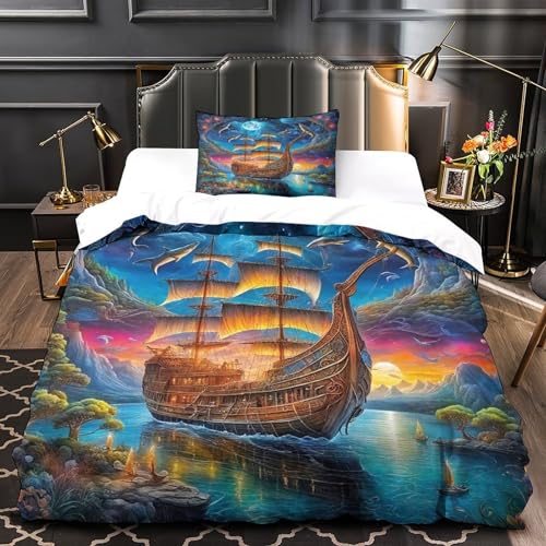 TDSNKAVHB Segelboot3D-Druck Bett-Set Raumdekoration Mikrofaser Mit NavigationVerstecktem Reißverschluss Und Kissenhüllen Für Jungen Und MädchenSingle（135x200cm） von TDSNKAVHB