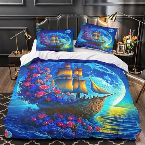 TDSNKAVHB Segelboot3D-Druck Bettdeckenbezug Raumdekoration Mikrofaser Mit NavigationVerstecktem Reißverschluss Und Kissenbezug Für Jungen Und MädchenKing（220x240cm） von TDSNKAVHB