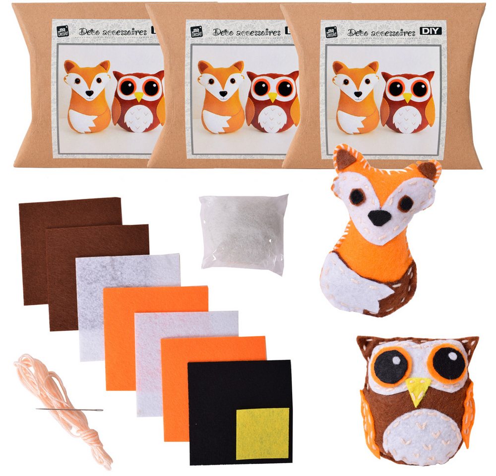 TE-DecoArt Dekofigur 3 Stück DIY Nähset Bastelset mit je 2 Figuren Fuchs Eule (3 St., in Sets einzeln verpackt), Vorgefertigte Teile von TE-DecoArt