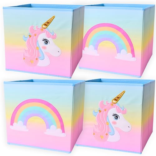 TE-Trend 4 Stück Einhorn Regenbogen Motiv Regal Aufbewahrungsbox Kinder Kinderzimmer Faltbox Aufbewahrungskorb Spielzeugkiste für Mädchen mehrfarbig von TE-Trend