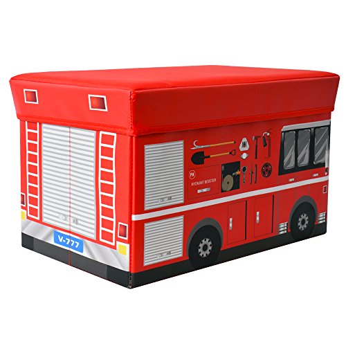 TE-Trend Sitztruhe Aufbewahrungsbox Feuerwehr Faltbox mit Deckel Kinder Feuerwehrauto zur Spielzeug Aufbewahrung 30l Spielzeugkiste in Rot von TE-Trend