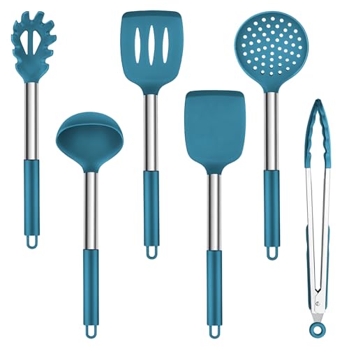 Küchenhelfer Set, TEAMFAR 6 Stück Silikon Pfannenwender Küchenutensilien Set mit Edelstahlgriff, Hitzebeständiger Antihaft Kochbesteck Küchenset zum Kochen, Leicht zu Reinigen&Spülmaschinenfest, Blau von TEAMFAR