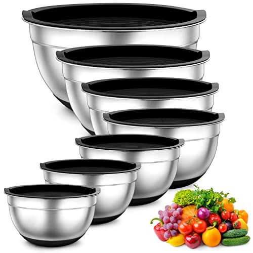 TEAMFAR Rührschüssel 7er Set, Edelstahl Schüssel Salatschüssel Set mit Luftdichten Deckel und Silikonboden, Stapelbar & Spülmaschinenfest, 0,7L / 1,2L / 1,5L / 2,5L / 2,8L / 3,5L / 6,5L, schwarz von TEAMFAR