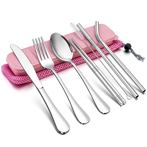 TEAMFAR Campingbesteck, 9-teilig Outdoor Reisebesteck Wanderbesteck aus Edelstahl, Picknick Besteck Set mit Messer Gabel Löffel, Essstäbchen, Metallstrohhalme, Reinigungsbürste, Rosa Etui & Tasche von TEAMFAR