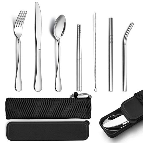 TEAMFAR Campingbesteck, 9-teilige Outdoor Reisebesteck Wanderbesteck aus Edelstahl, Picknick Besteck Set mit Messer Gabel Löffel, Essstäbchen, Metallstrohhalme, Reinigungsbürste, Schwarz Etui & Tasche von TEAMFAR