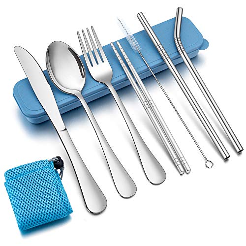 TEAMFAR Campingbesteck, 9-teilig Outdoor Reisebesteck Wanderbesteck aus Edelstahl, Picknick Besteck Set mit Messer Gabel Löffel, Essstäbchen, Metallstrohhalme, Reinigungsbürste, Blau Etui & Tasche von TEAMFAR