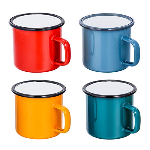 TEAMFAR Emaille Tasse 4er-Set, Mehrweg Kaffee-/Tee-/Trinkbecher, Rot/Blau/Grün/Gelb porzellan Kaffeetassen Teetassen für Daheim, Party, Büro, oder Camping, Tragbar & Leicht, 4-Stück, 350 ml von TEAMFAR