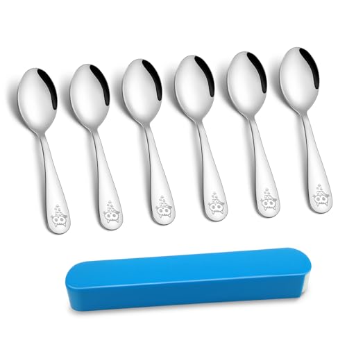 TEAMFAR Kinderbesteck Set, 6 Stück Edelstahl Poliert Kinderlöffel mit Katzen Gravur, Kinder Besteck Set ab 1-3 Jahre, Kleinkinder Löffel Set mit Reise Etui für Jungen & Mädchen, Spülmaschinenfest von TEAMFAR