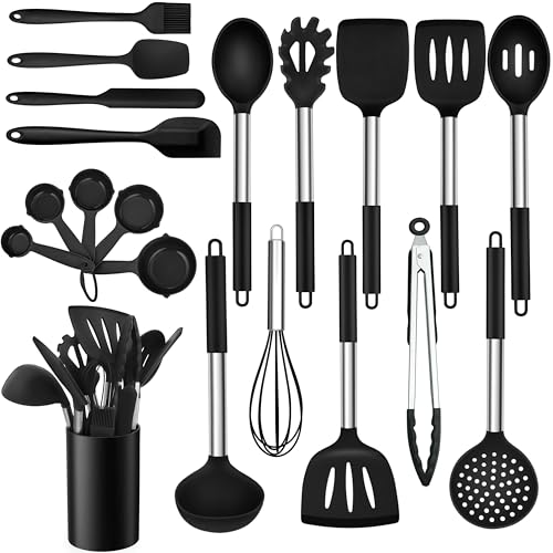 TEAMFAR Küchenhelfer, 20 Stück Silikon Schwarz Kochbesteck Kochutensilien Set mit Edelstahlgriff, Hitzebeständiger Antihaft Küchenutensilien mit Utensilienhalter, Gesund & Leicht zu reinigen von TEAMFAR