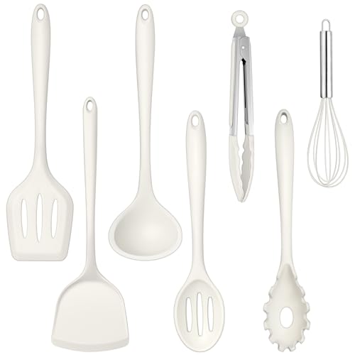TEAMFAR Küchenhelfer, Antihaft Silikon Küchenset Küchenutensilien 7er Set, Hitzebeständiger Kochbesteck Kochutensilien Set mit Pfannenwender für Kochen, Ungiftig, Leicht zu reinigen, Weiß von TEAMFAR