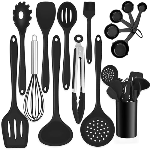 TEAMFAR Küchenhelfer Set, 15 Stück Silikon Küchenutensilien Kochbesteck Set mit Utensilienhalter, Schwarz Antihaft Pfannenwender zum Kochen, Hitzebeständiger & Lebensmittelqualität, Spülmaschinenfest von TEAMFAR