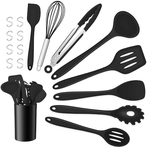 TEAMFAR Küchenhelfer Set, 17 Stück Silikon Küchenutensilien Kochbesteck Set, Hitzebeständiger Schwarz Kochutensilien mit Utensilienhalter, Giftfrei & Geruchsfrei, Antihaft & Spülmaschinenfest von TEAMFAR