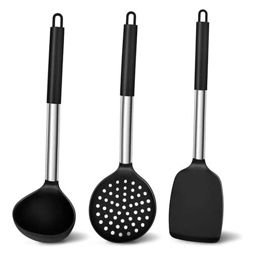 TEAMFAR Küchenhelfer Set, 3 Stück Silikon Pfannenwender Küchenutensilien Set mit Edelstahlgriff, Hitzebeständiger Antihaft Schwarz Kochbesteck zum Kochen/Backen, Leicht zu Reinigen & Spülmaschinenfest von TEAMFAR