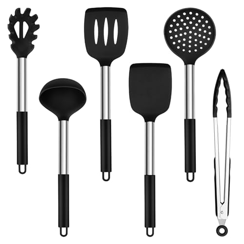 TEAMFAR Küchenhelfer Set, 6 Stück Silikon Küchenutensilien Pfannenwender mit Edelstahlgriff, Hitzebeständiger Antihaft Kochbesteck Küchenset zum Kochen, Leicht zu Reinigen & Spülmaschinenfest, Schwarz von TEAMFAR