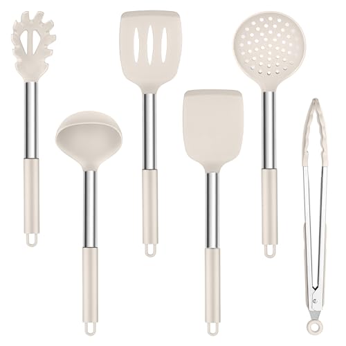 TEAMFAR Küchenhelfer Set, 6 Stück Silikon Küchenutensilien Set mit Edelstahlgriff, Hitzebeständiger Antihaft Kochbesteck Küchenset zum Kochen, Khaki von TEAMFAR