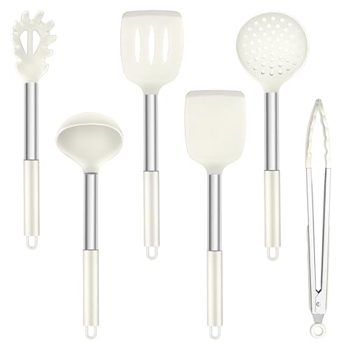 TEAMFAR Küchenhelfer Set, 6 Stück Silikon Küchenutensilien Set mit Edelstahlgriff, Hitzebeständiger Antihaft Kochbesteck Küchenset zum Kochen, Weiß von TEAMFAR