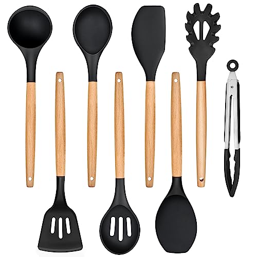 TEAMFAR Küchenhelfer Set, 8 Stück Schwarz Silikon Küchenutensilien Kochbesteck Set mit Holzgriff, Hitzebeständiger Kochutensilien Set zum Kochen, Backen, Leicht zu Reinigen von TEAMFAR