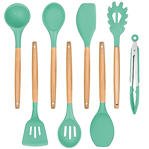 TEAMFAR Küchenhelfer Set, 8-teiliges Hitzebeständiger Silikon Küchenutensilien Kochbesteck Set mit Holzgriff, Antihaft Kochutensilien Set mit Pfannenwender zum Kochen, Leicht zu Reinigen, Grün von TEAMFAR