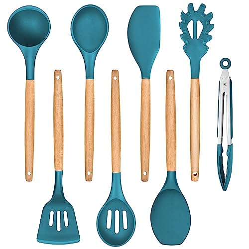 TEAMFAR Küchenutensilien Set, 8 Stück Antihaft Hitzebeständiger Silikon Küchenhelfer Kochbesteck Set mit Holzgriff, Kochutensilien Set mit Pfannenwender zum Kochen, Leicht zu Reinigen, Blau von TEAMFAR