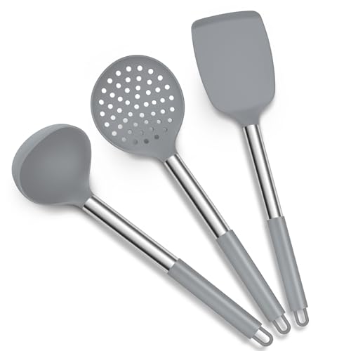 TEAMFAR Pfannenwender Set, 3 Stück Silikon Küchenhelfer Küchenutensilien mit Edelstahlgriff, Hitzebeständiger Kochutensilien Kochbesteck Set zum Kochen, Leicht zu Reinigen & Spülmaschinenfest, Grau von TEAMFAR