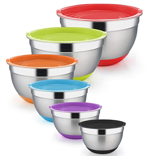 TEAMFAR Rührschüssel 6er-Set, Edelstahl Salatschüssel Schüssel Set mit Luftdichten Deckel und Silikonböden, Stapelbar & Multifunktional, Spülmaschinengeeignet, 0.7L / 1.5L / 1.6L / 2.5L / 2.8L / 4.6L von TEAMFAR