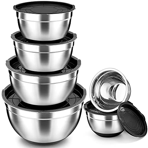 TEAMFAR Rührschüssel 6er-Set, Edelstahl Schüssel Salatschüssel Set mit Luftdichten Deckel und Silikonböden, 0.7L / 1.5L / 1.6L / 2.5L / 2.8L / 4.6L, Stapelbar, Spülmaschinenfest, Schwarz von TEAMFAR