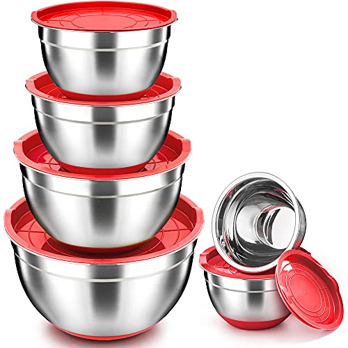 TEAMFAR Rührschüssel Set, 6-teilig Edelstahl Schüssel Salatschüssel Set mit Luftdichten Deckel und Silikonböden, 0.7L / 1.5L / 1.6L / 2.5L / 2.8L / 4.6L, Stapelbar, Spülmaschinenfest, Rot von TEAMFAR