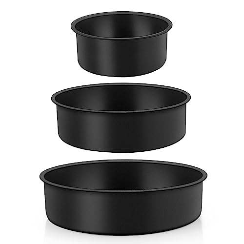 TEAMFAR Rund Backform, Kuchenform Backformen 3er Set aus Edelstahlkern mit schwarze Antihaftbeschichtung, 10/16/20 cm Tortenform mit Flachboden, Einteilig & Auslaufsicher, Gesund von TEAMFAR