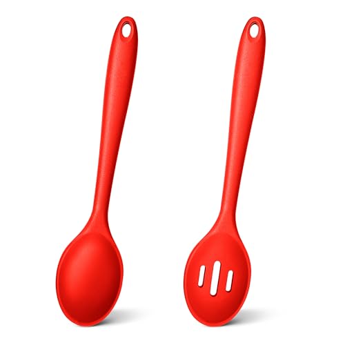 TEAMFAR Silikon Kochlöffel Set, 2-teilig Antihaft Rührlöffel Servierlöffel Küchenhelfer zum Kochen, Backen, Rühren, Mischen, Rot, Spülmaschinenfest von TEAMFAR