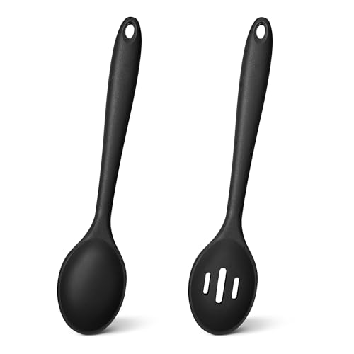 TEAMFAR Kochlöffel, 2 Stück Silikon Löffel Rührlöffel Set, Schwarz Antihaft Küchenhelfer zum Kochen Backen Rühren, Hitzebeständig, Spülmaschinenfest von TEAMFAR