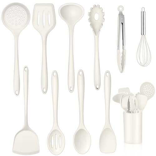 TEAMFAR Silikon Küchenhelfer Set, 11-TLG Antihaft Küchenset Küchenutensilien Set mit Utensilienhalter, Hitzebeständiger Kochbesteck Kochutensilien Set für Kochen, Gesund & Leicht zu Reinigen, Weiß von TEAMFAR