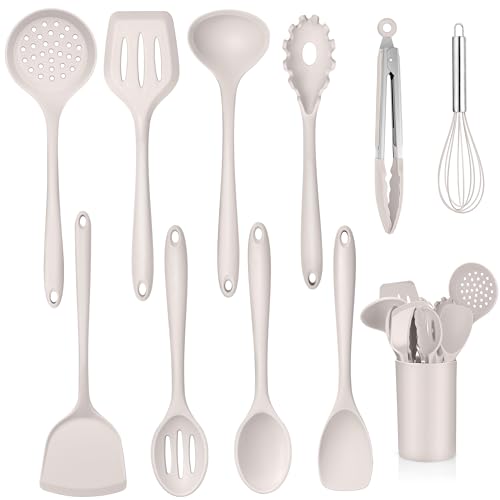 TEAMFAR Silikon Küchenhelfer Set, 11-TLG Antihaft Küchenset Küchenutensilien Set mit Utensilienhalter, Hitzebeständiger Kochbesteck Kochutensilien Set für Kochen, Gesund & Leicht zu Reinigen, Khaki von TEAMFAR