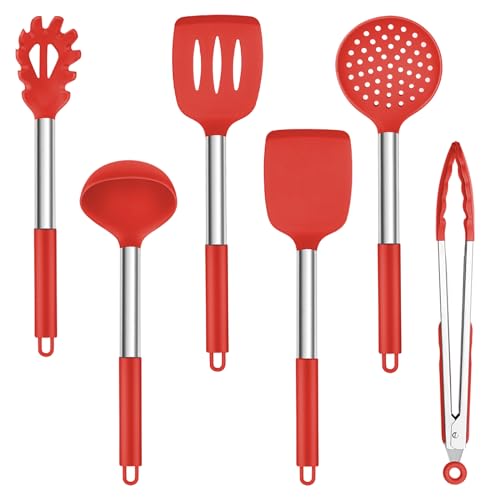 TEAMFAR Silikon Küchenhelfer Set, 6-teiliges Küchenutensilien Kochbesteck mit Edelstahlgriff, Hitzebeständiger Pfannenwender Kochutensilien Set zum Kochen, Leicht zu Reinigen & Spülmaschinenfest, Rot von TEAMFAR