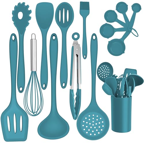 TEAMFAR Silikone Küchenhelfer, 15 Stück Küchenutensilien Kochutensilien Set zum Kochen, Hitzebeständiger Pfannenwender mit Utensilienhalter Set, Lebensmittelqualität, Spülmaschinenfest, Blau von TEAMFAR