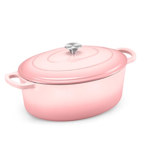 TeamFar 7QT Dutch Oven Oval Dutch Oven Emaillierter Gusseisen-Topf mit Deckel, zum Brotbacken/Schmoren/Schmoren/Braten, geeignet für verschiedene Herde, antihaftbeschichtet & leicht zu reinigen, Rosa von TEAMFAR