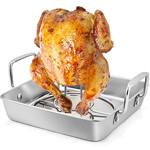 TeamFar Bierdosenhalter mit Pfanne, Edelstahl, vertikaler Hähnchenständer, robuster Bratentropf, für Grill, Ofen, Smoker, leicht zu reinigen und spülmaschinenfest, (1 Pfanne + 1 Rack) von TEAMFAR