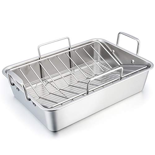TeamFar Bräter, 38.1 cm großer Truthahnbräter Lasagnepfanne mit V-Gestell und Kühlgitter-Set, Edelstahl für Thanksgiving, gesund und strapazierfähig, tiefe Seite und spülmaschinenfest – 3 Stück TeamFar Bräter, 38.1 cm großer Truthahnbräter Lasagnepfanne mit V-Gestell und Kühlgitter-Set, Edelstahl für Thanksgiving, gesund und strapazierfähig, tiefe Seite und spülmaschinenfest – 3 Stück von TEAMFAR