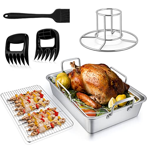 TeamFar Bräter 14 in Edelstahl Truthahn-Bräter mit Kühlrost & V Rack, Bierdosen-Hühner-Halter/Fleischkrallen/Bürste, gesund & spülmaschinenfest 7er Set von TEAMFAR
