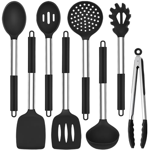 TeamFar Küchenutensilien-Set, 8-teilig, Silikonutensilien, Küchenhelfer-Set mit Edelstahlgriff, zum Braten, Servieren, Kippen, Abtropfen, ungiftig und hitzebeständig, antihaftbeschichtet und von TEAMFAR