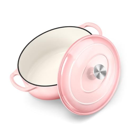 TeamFar Ovaler Dutch Oven Schmortopf aus emailliertem Gusseisen, 5 qt, mit Deckel, zum Brotbacken/Schmoren/Schmoren/Braten, geeignet für verschiedene Herde, Doppelgriffe & einfache Reinigung, Rosa von TEAMFAR